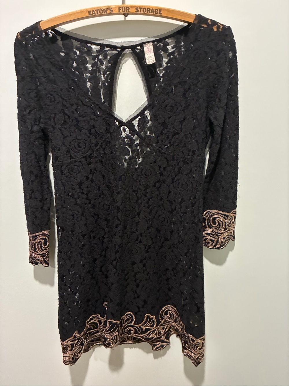 FREE PEOPLE Black Lace Mini Dress Beach Coverup Gold Embroidery Size XS
